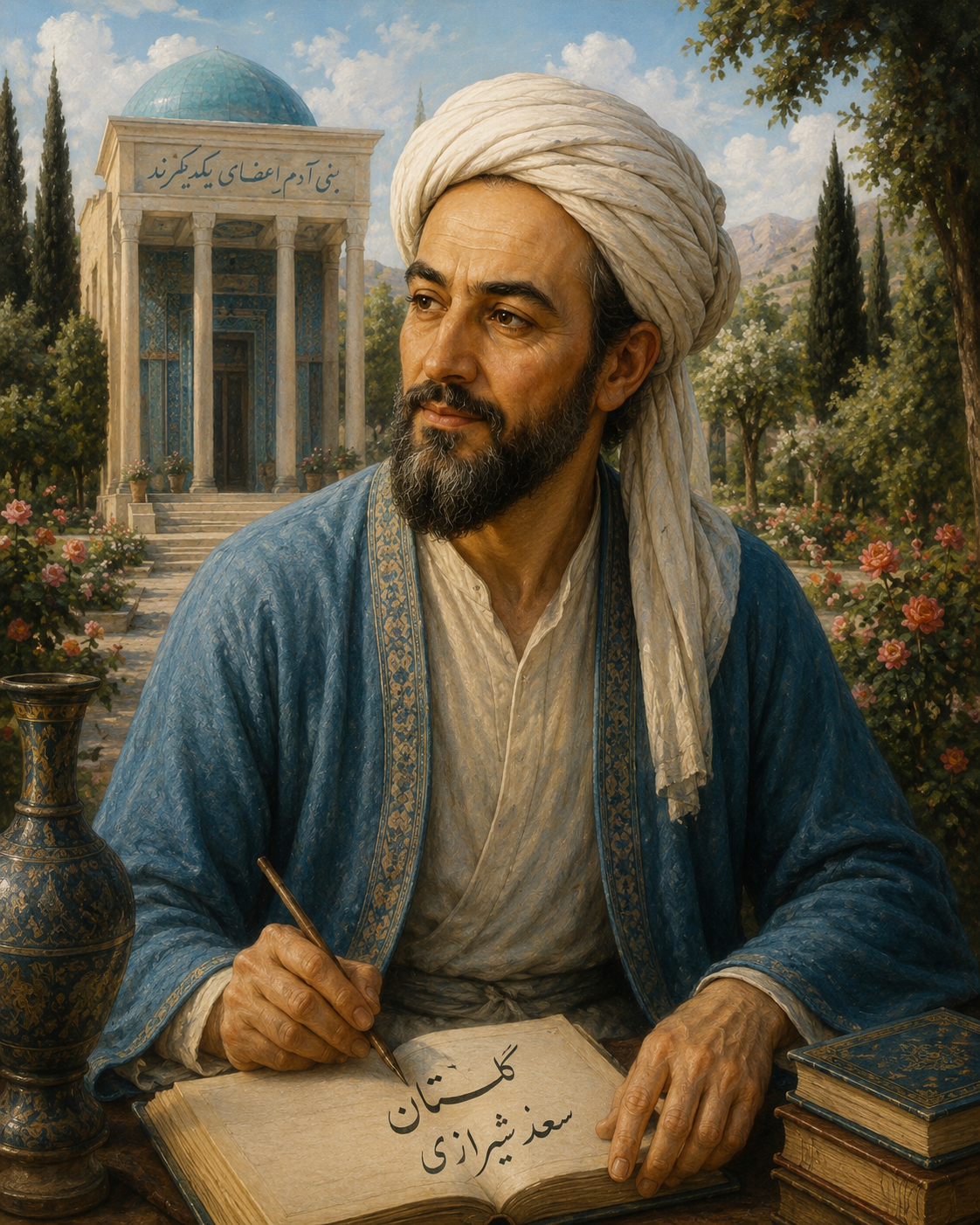 تصویرسازی از سعدی، نشسته و در حال نوشتن گلستان، با سعدیه در پس‌زمینه