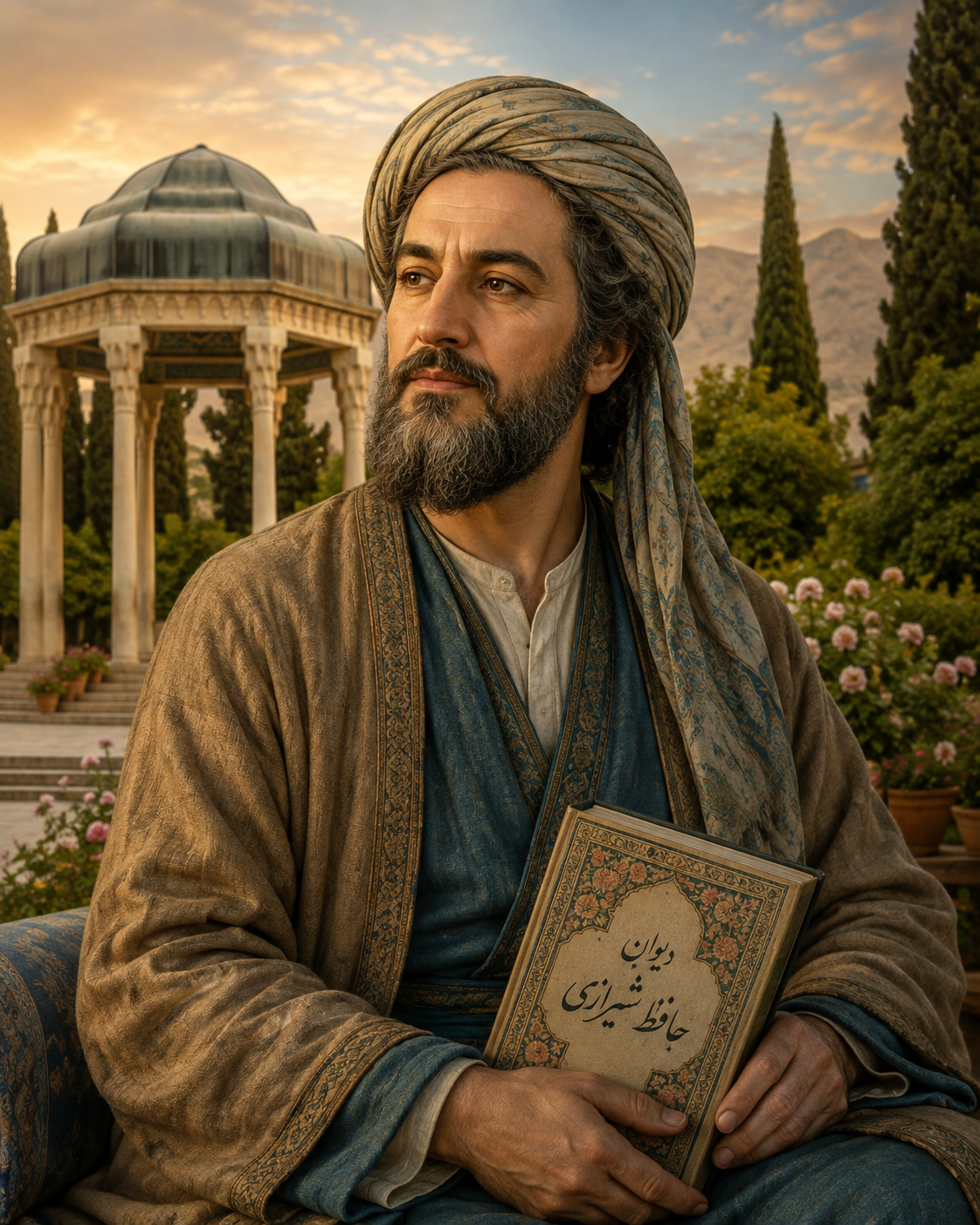 تصویرسازی از حافظ، نشسته با کتاب در باغ
